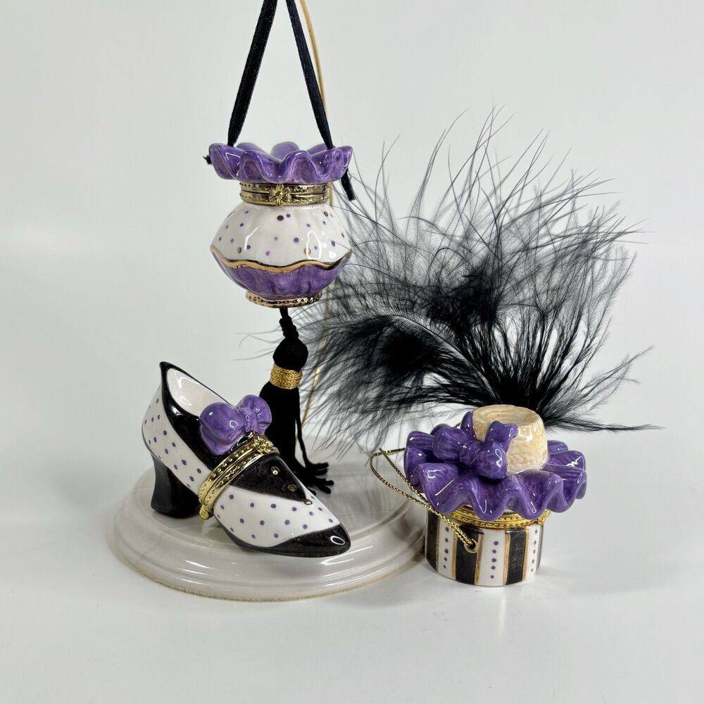 Porcelain Hinged Trinket Box Mud Pie Pillbox Fashion Set Hat Shoe Purse Vintage